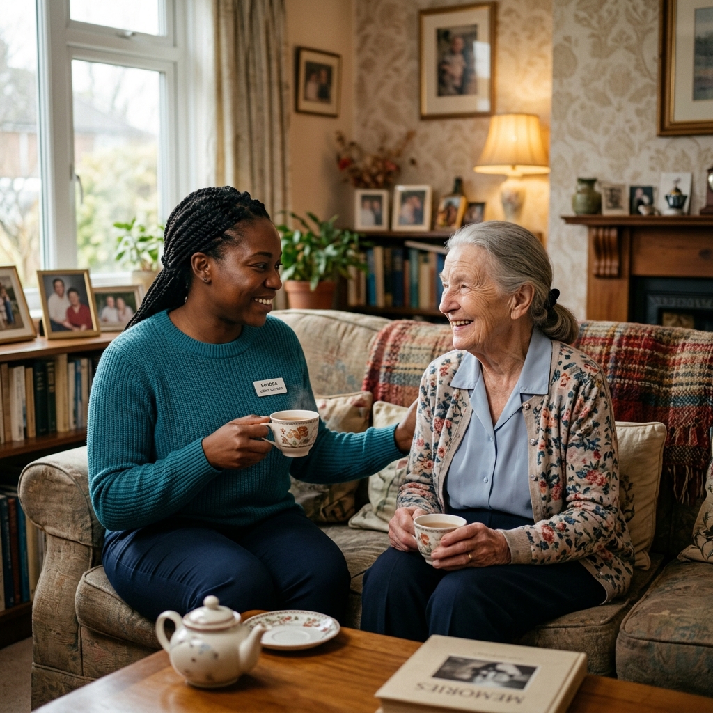 Visiting carer and an older woman sitting together on a sofa with cups of tea