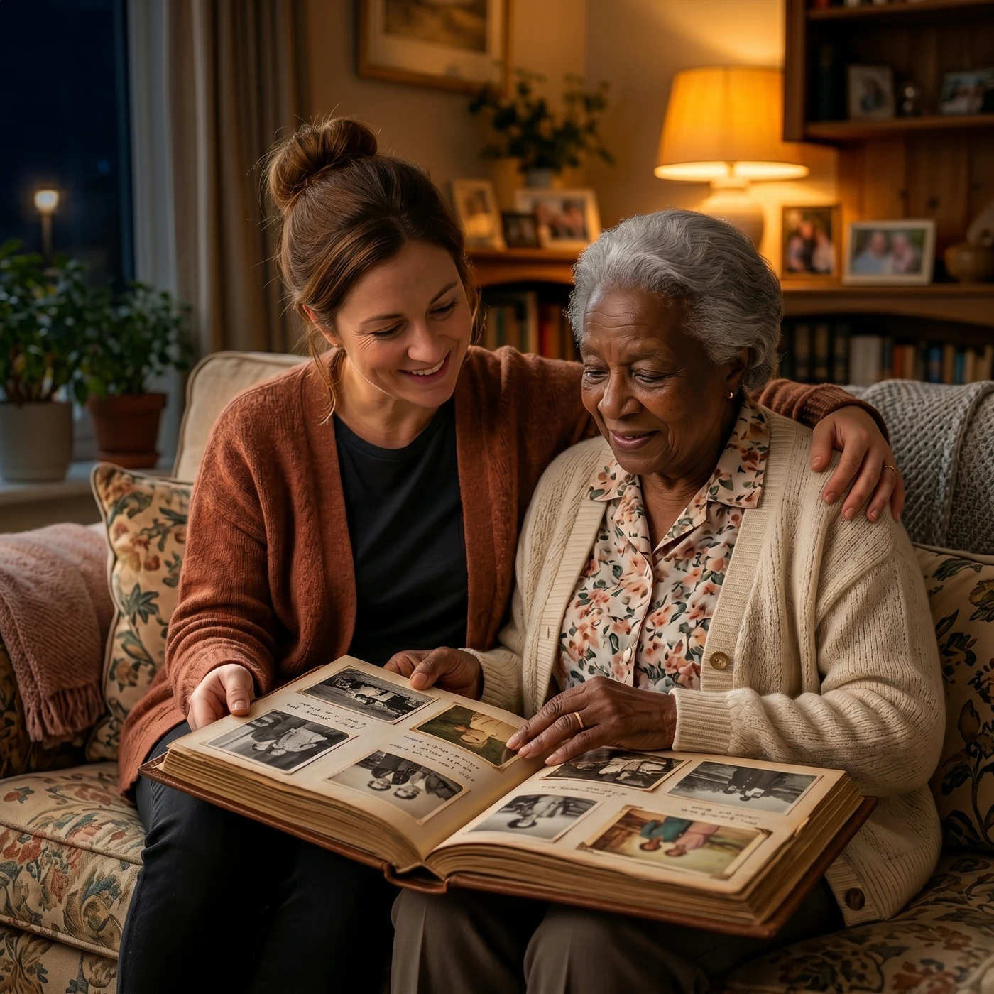 A thoughtful caregiver and an older adult reading together on a comfortable sofa