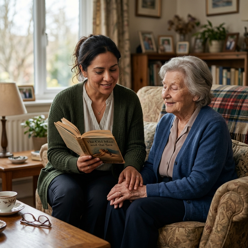 A close-up of a caregiver's hand resting warmly on an elderly client's hand