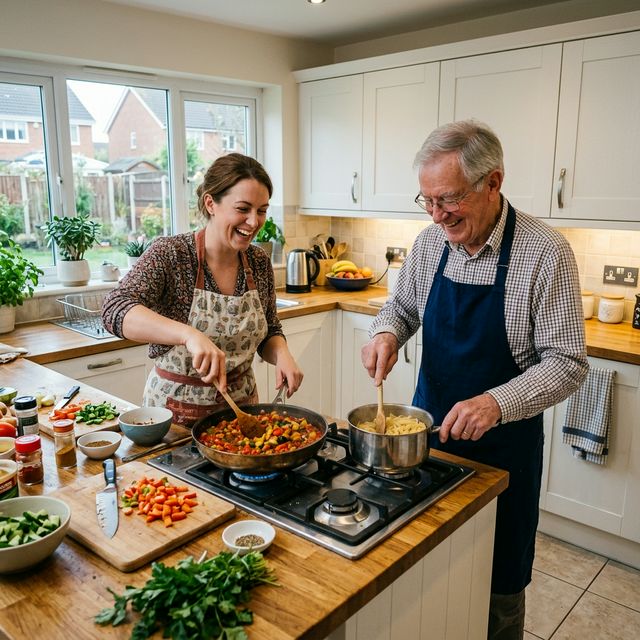 Live-in carer cooking a meal in the kitchen alongside an older man