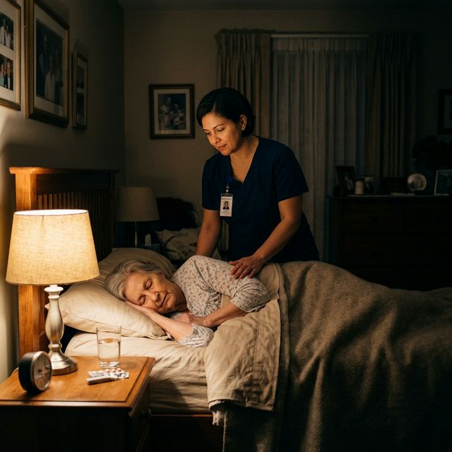 Overnight carer settling an older woman into bed in a lamplit bedroom