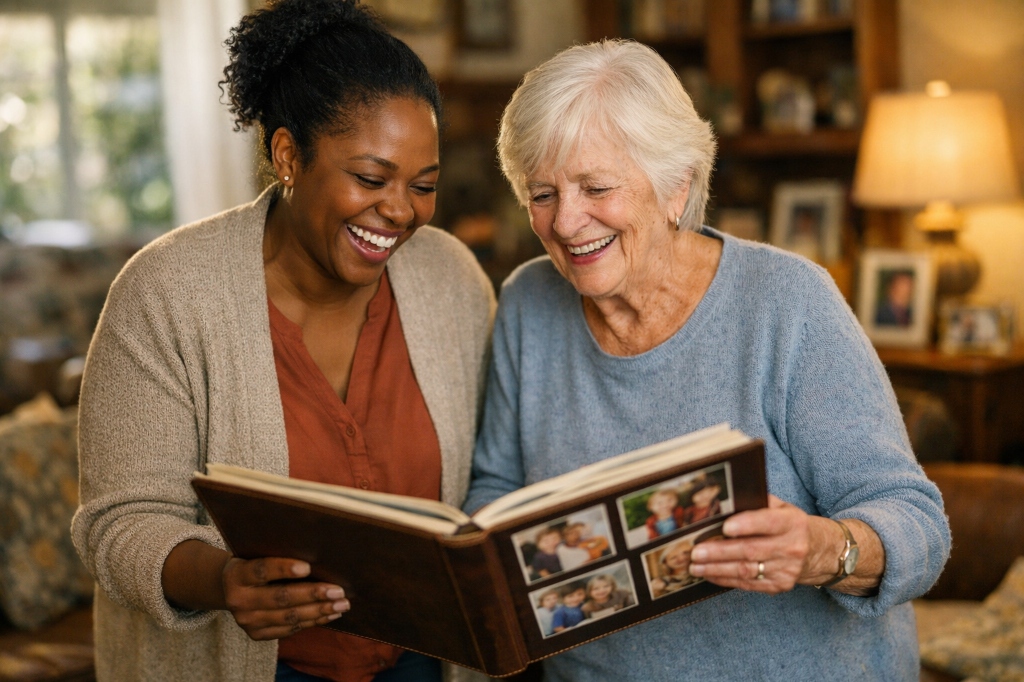 Two confident independent UK care workers chatting outside a cafe